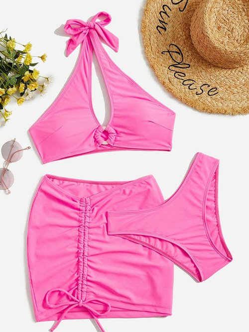 Sexy Ring Linked 3 Piece Bikini With Drawstring Skirt Solid Swimsuit ...