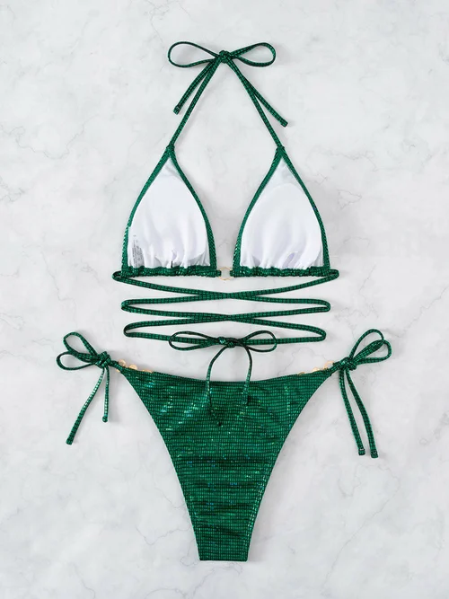 Criss Cross Bandage Woman Swimsuit Thong Bikini - Apogee indigo
